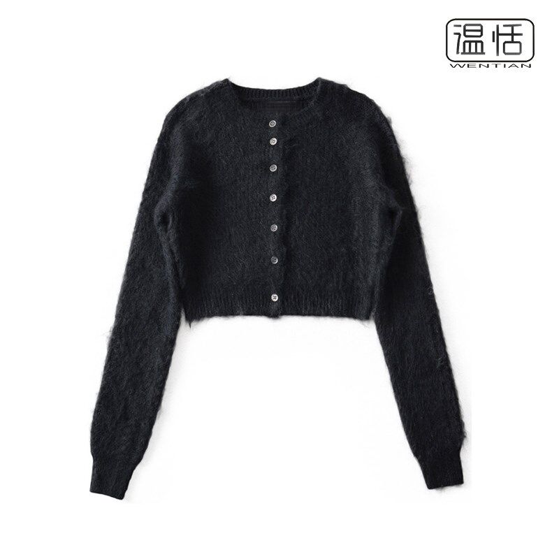 【包邮】紫色圆领单排扣针织开衫女秋冬加厚马海毛抓毛修身短毛衣