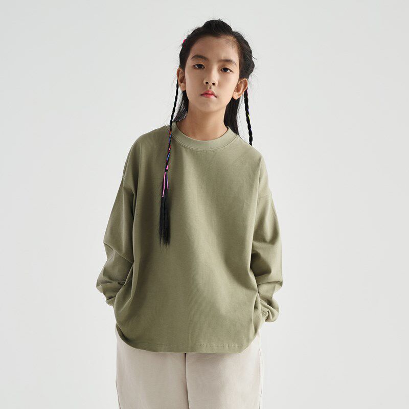 服酱中大童重磅纯棉小领口长袖T恤男女童宽松休闲圆领白色打底衫