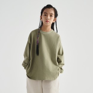 服酱中大童重磅纯棉小领口长袖T恤男女童宽松休闲圆领白色打底衫