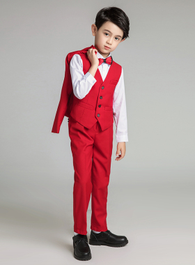 男童小西服男孩马甲套装儿童礼服钢琴演出服模特走秀表演服装红色