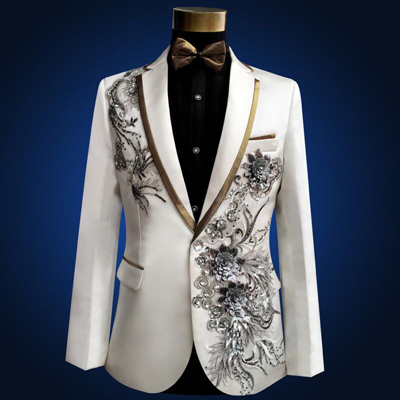 舞台钢琴西服套装晚礼服歌手司仪主持人白色绣花婚礼男士演出礼服
