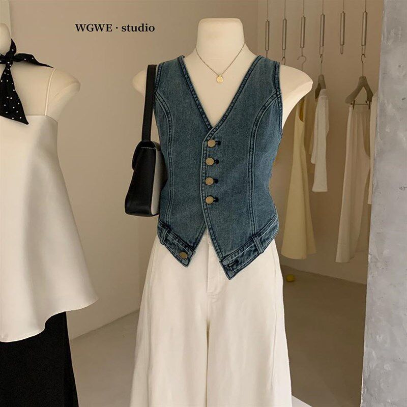 蓝色v领牛仔马甲背心女夏季叠穿设计感叠穿复古修身显瘦无袖上衣