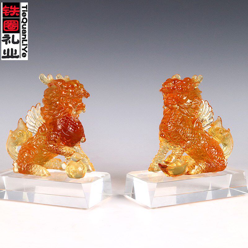 麒麟摆件一对琉璃工艺品书房茶几办公室桌面装饰商铺前台客厅摆设