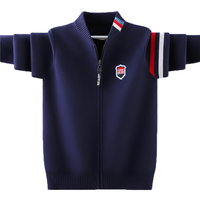 男童开衫毛衣2023秋冬新款儿童拉炼衫秋装外套加绒加厚纯棉针织衫