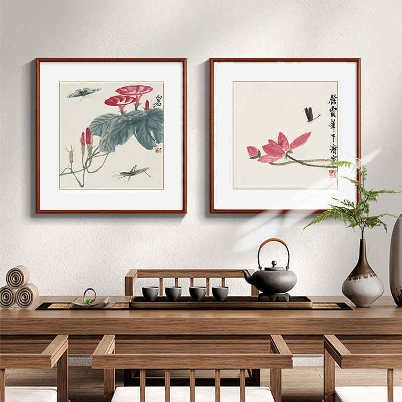 齐白石水墨荷花玄关画花鸟国画新中式客厅装饰画茶室书房饭厅挂画