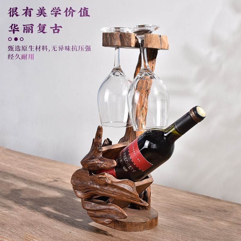 泰古牛牛牛老柚木酒架创意摆件挂红酒瓶杯架实木复古葡萄酒展示架