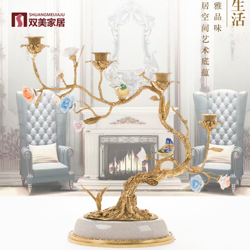 双美家居客厅摆件欧式玄关摆件烛台茶几装饰浪漫烛台陶瓷配铜
