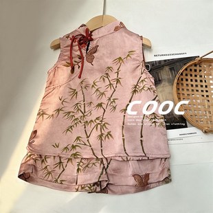 夏季新款女童粉色新中式旗袍套装女宝宝国风汉服两件套清凉感夏装