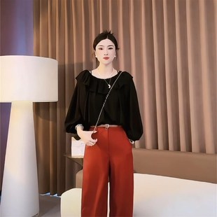 小个子法式一字肩上衣女早秋新款大码宽松黑色雪纺荷叶边长袖衬衫