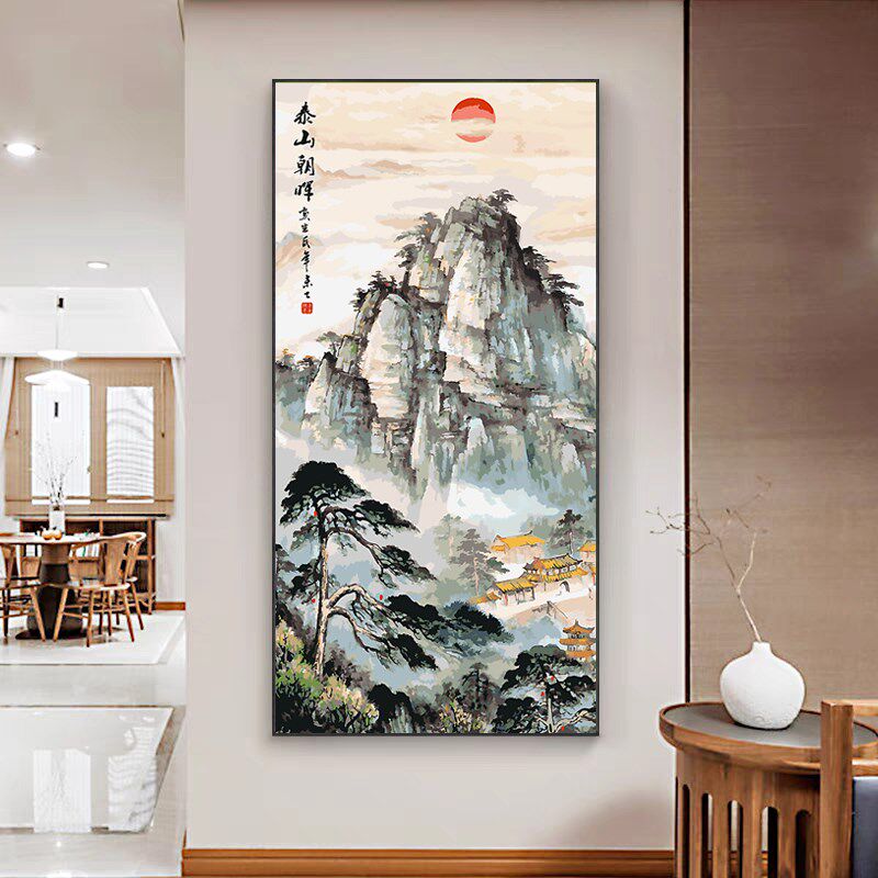 竖版国画迎客松DIY数字油画新中式玄关装饰画客厅水墨挂画山水画