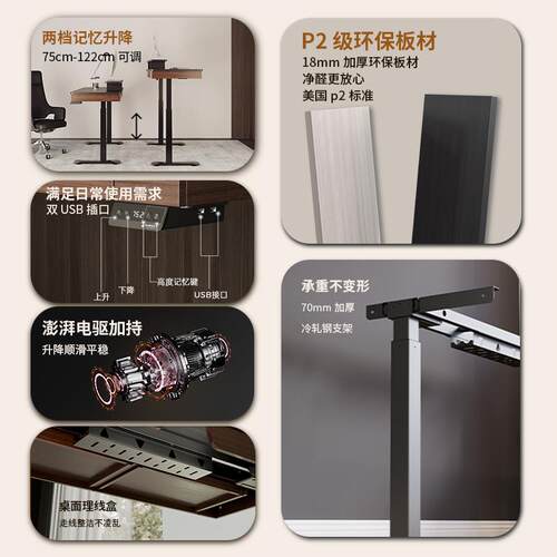 赛途智能双电机电动升降桌办公桌台式电脑桌家用简约木纹抽屉桌子
