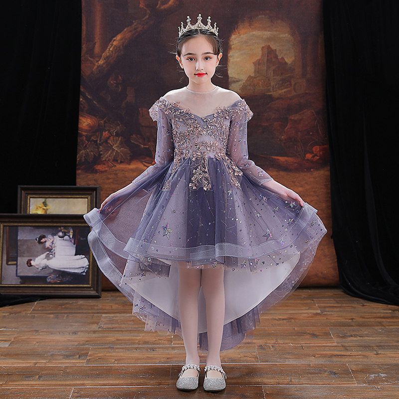 儿童礼服公主裙女童生日紫色长袖花童主持人钢琴演出服演奏秋冬季