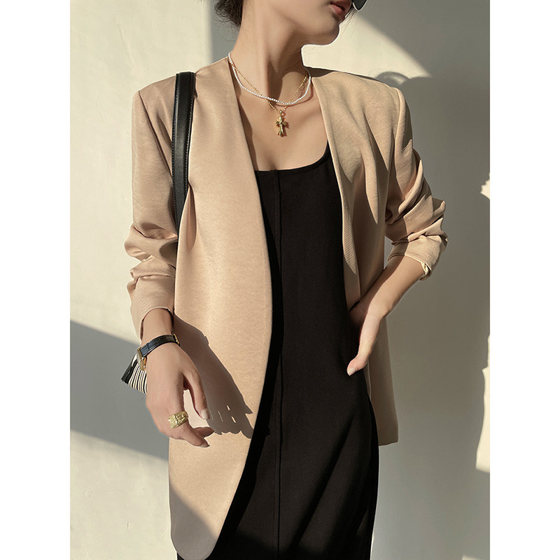 职业套装女秋冬2023新款缎面无领西装外套高级感西服阔腿裤两件套