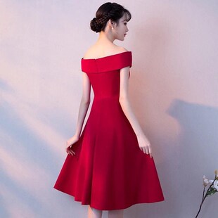 一字肩敬酒服新娘结婚订婚连衣裙红色礼服日常小个子聚会大气简约