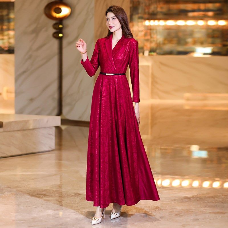 2024秋季新款长袖连衣裙女气质收腰西装领过膝长款大摆长裙到脚踝