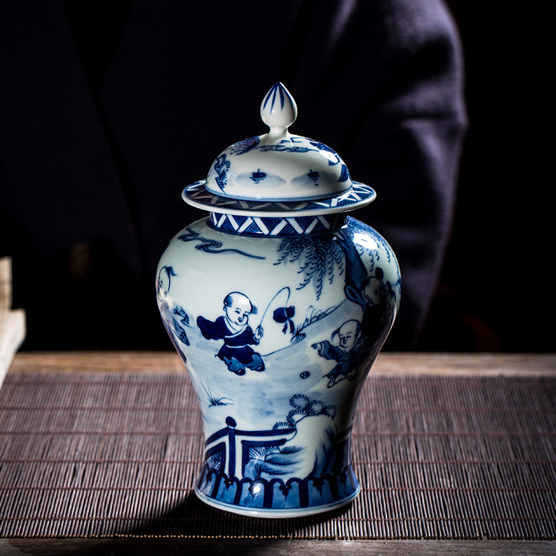 景德镇陶瓷器花瓶青花瓷将军罐摆件手绘储物罐茶叶罐子客厅装饰品