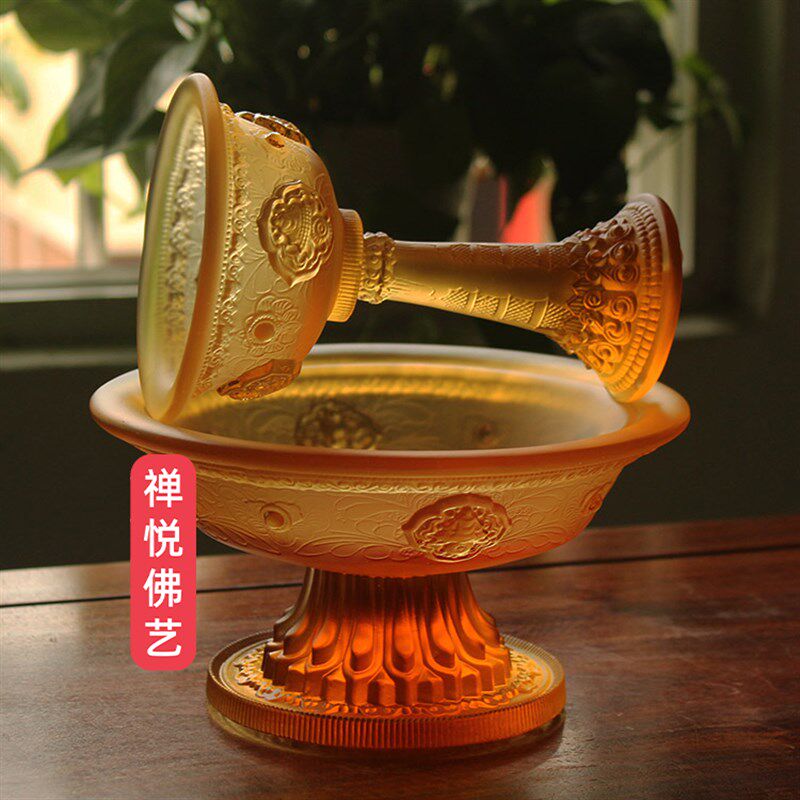 禅悦佛艺古法真琉璃八吉祥护法杯密宗法器家用桌面摆件修行杯大号