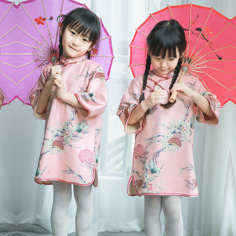 慢生活女童旗袍长袖春秋儿童中国风汉服宝宝唐装旗袍连衣裙改良