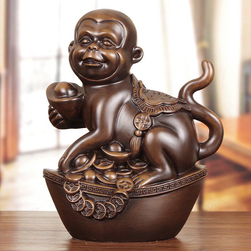 实木招财猴子摆件客厅玄关酒柜博古架生肖猴装饰办公室桌生日礼品