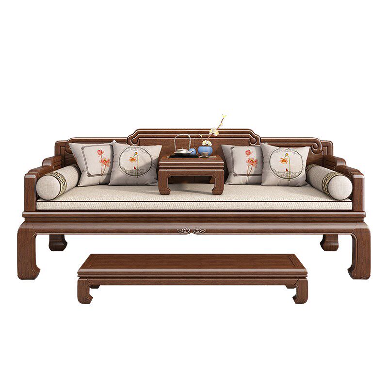 新中式实木罗汉床胡桃木客厅罗汉榻沙发新古典禅意雕花带脚踏组合