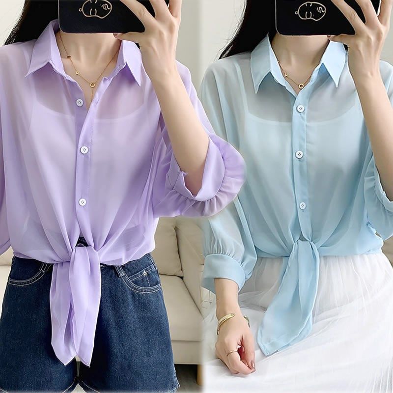 白色有领披肩薄款雪纺开衫防晒衣配小吊带女七分袖短款衬衣上衣