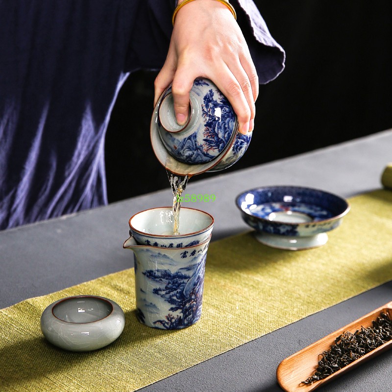 仿古盖碗老陶泥青花釉里红三才碗功夫茶具泡茶碗大号敬茶碗茶盏杯