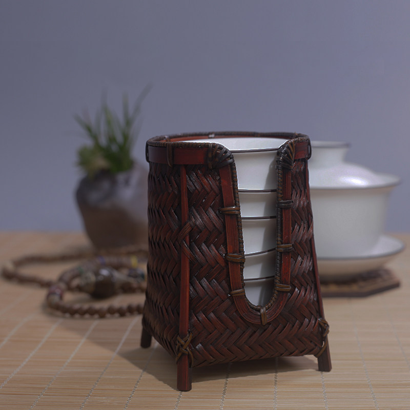 竹制杯笼杯篓茶盘禅意摆件纯手工茶杯收纳盒整理盒茶杯架茶道配件