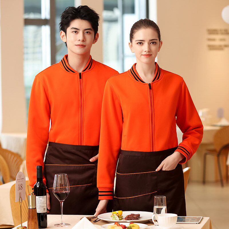春秋餐饮服务员工作服定制长袖餐厅饭店工装上衣工服加绒卫衣外套