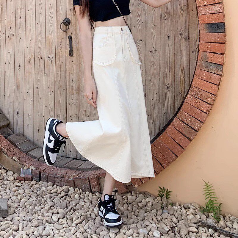 夏季牛仔半身裙女杏色高级感中长款a字包臀大码白色米色高腰半裙