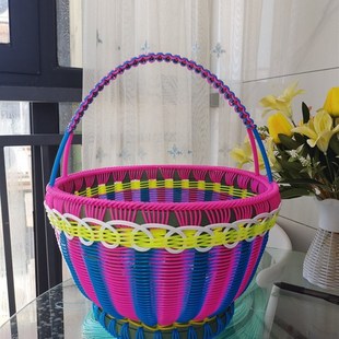 纯手工编织蓝子花篮手提藤篮买菜篮塑料大号藤条购物收纳鸡蛋吊