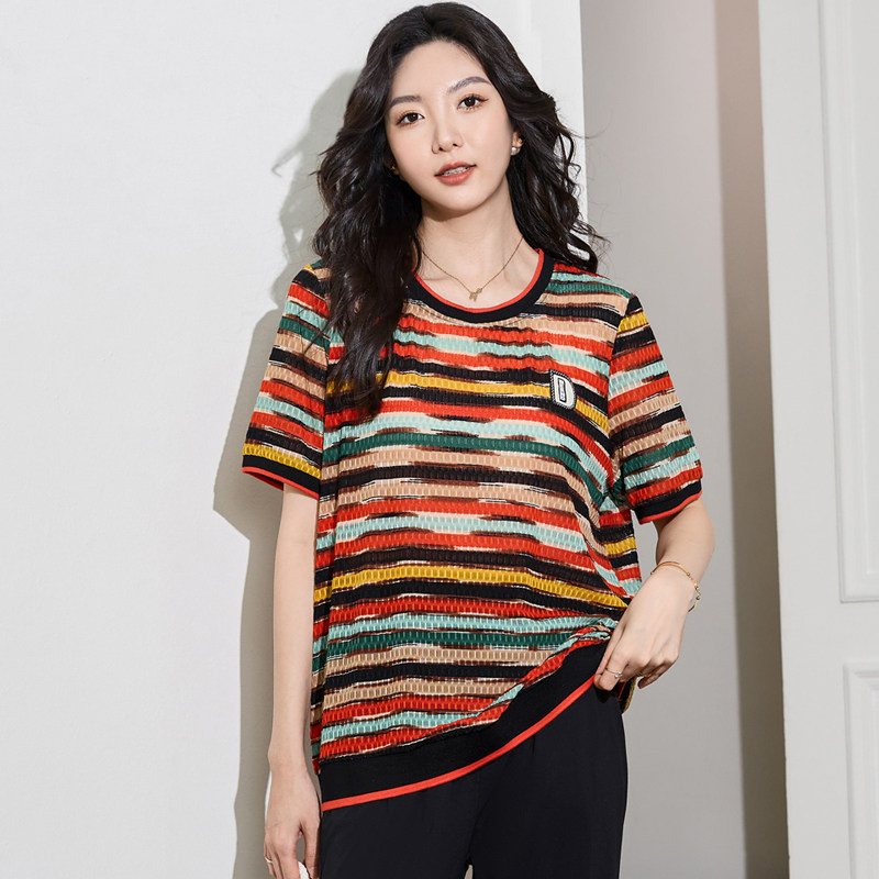 大码女装夏装200斤胖mm洋气时尚条纹上衣胖妹妹宽松显瘦短袖T恤衫,女装/女士精品,大码内搭,淘宝优惠券,粉丝福利购,淘宝优惠卷