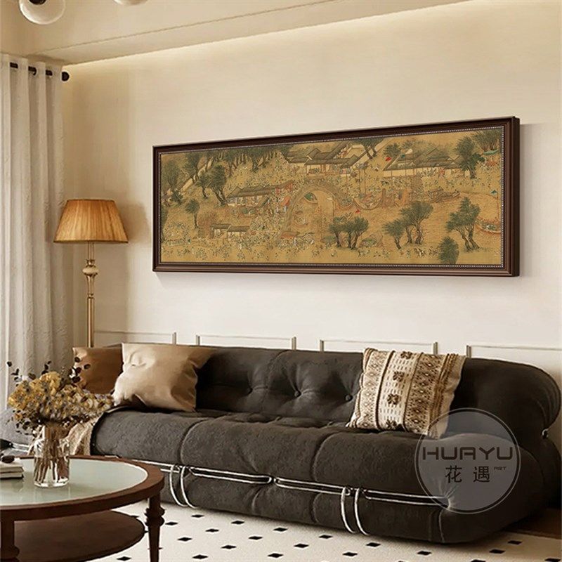 簪花仕女图中古风客厅横幅装饰画沙发背景墙茶室壁画法式复古挂画