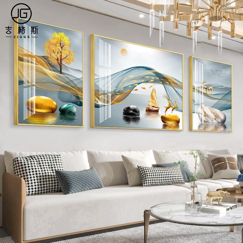 现代简约晶瓷镶钻客厅装饰画 轻奢三联画适用沙发背景墙