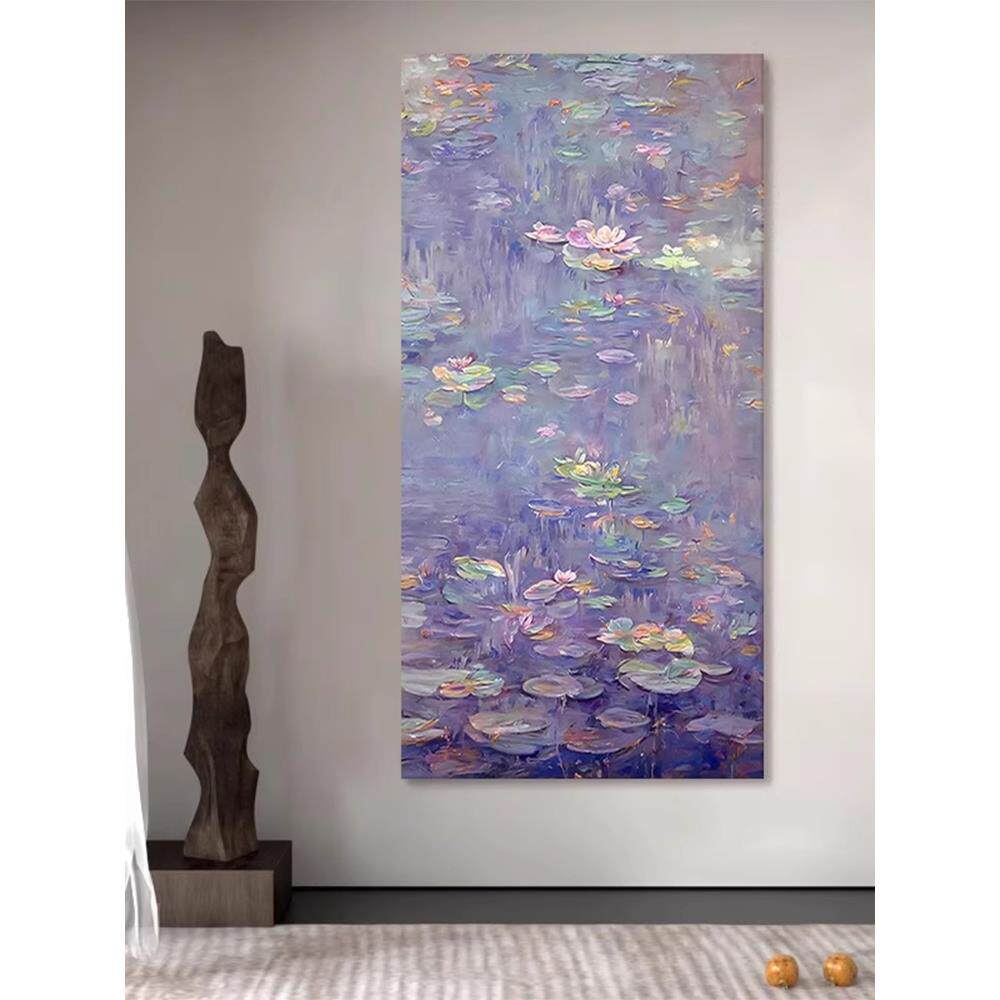莫奈睡莲沙发背景墙入口装饰画客厅抽象荷花质感紫色中式壁挂画