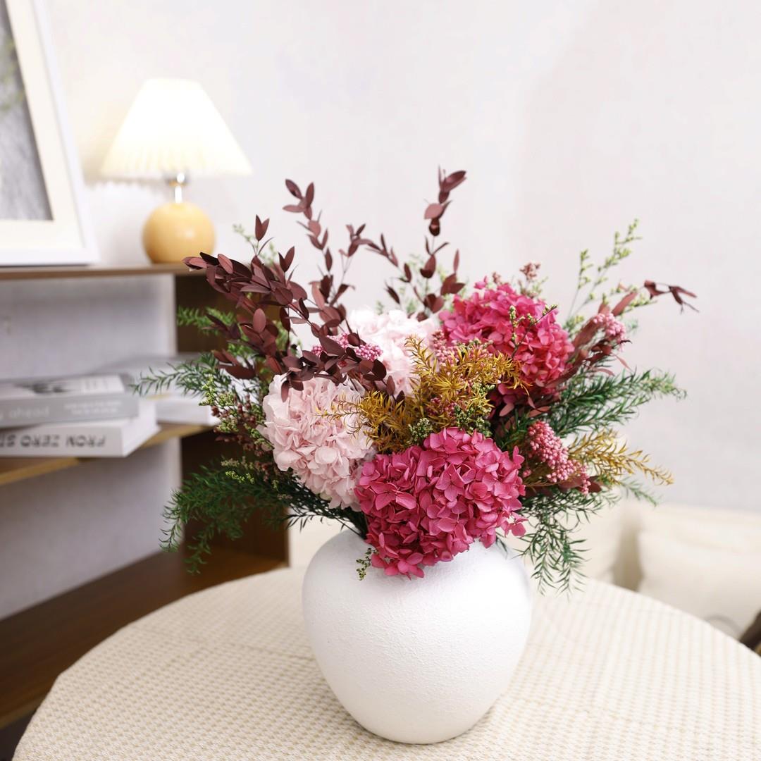 AAA级永生花花束粉红大朵绣球米花真花干花客厅餐桌边几装饰摆件