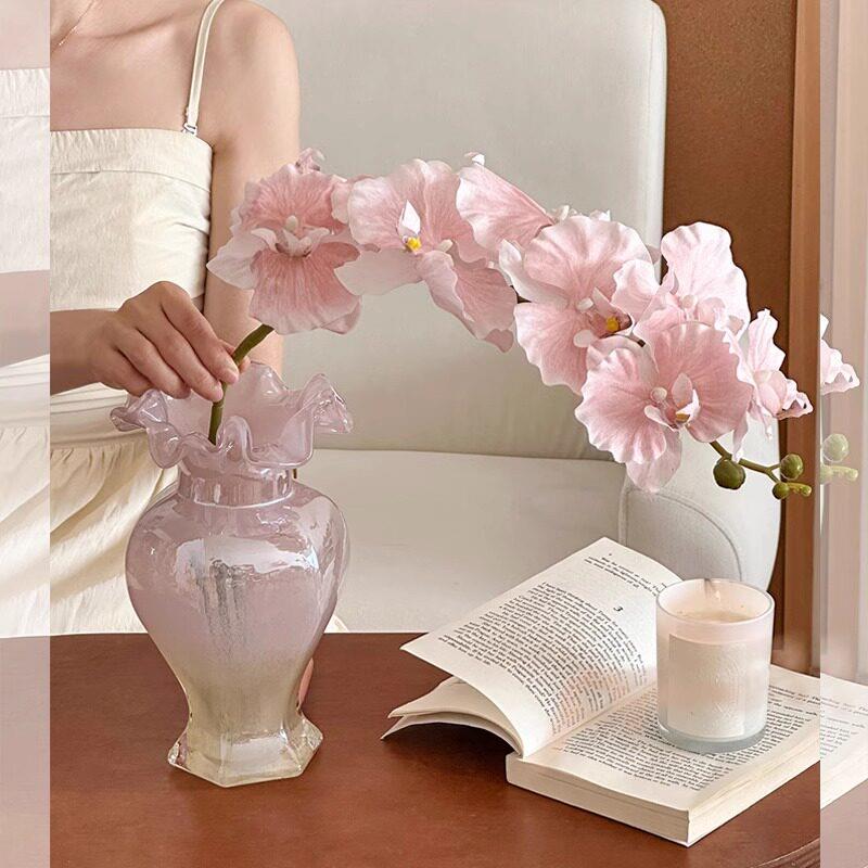 法式琉璃花瓶轻奢桌面装饰摆件玻璃餐桌客厅插花蝴蝶兰仿真花高级