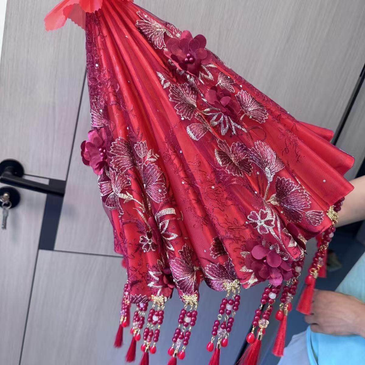 原创中式汉服结婚流苏绸布新娘红色婚庆旗袍伞中式婚礼古风婚伞