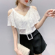 2020夏装 潮 荷叶边露肩上衣洋气小衫 新款 性感蕾丝拼接V领T恤女短袖