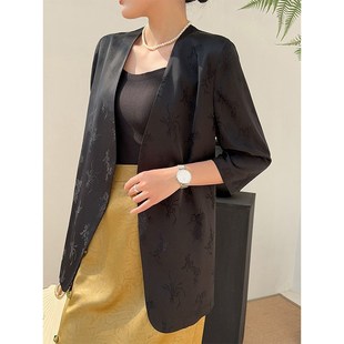 黑色无领缎面七分袖西装外套女夏季薄款2024新款短袖西服高级感