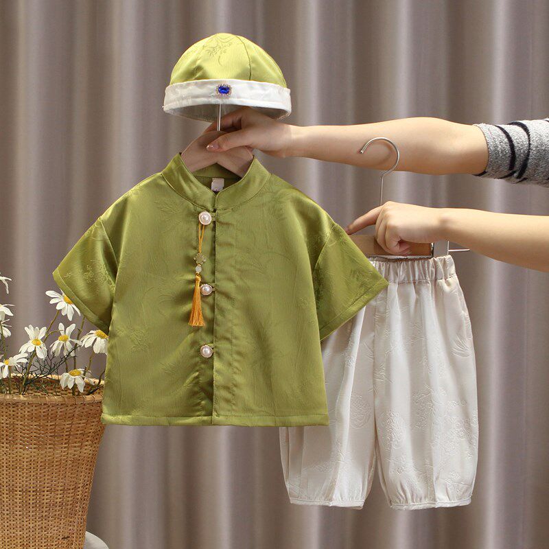 周岁礼服男宝宝夏季短袖唐装儿童新中式男童套装婴儿中国风抓周服