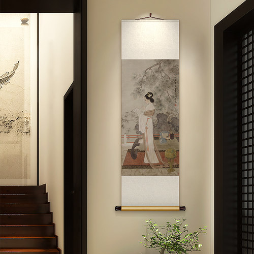 新中式丝绸卷轴挂画仕女读书办公室书房装饰画客厅玄关背景墙壁画