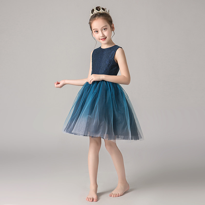 儿童礼服公主裙女童生日蓝色洋气小女孩花童主持人钢琴演出服无袖