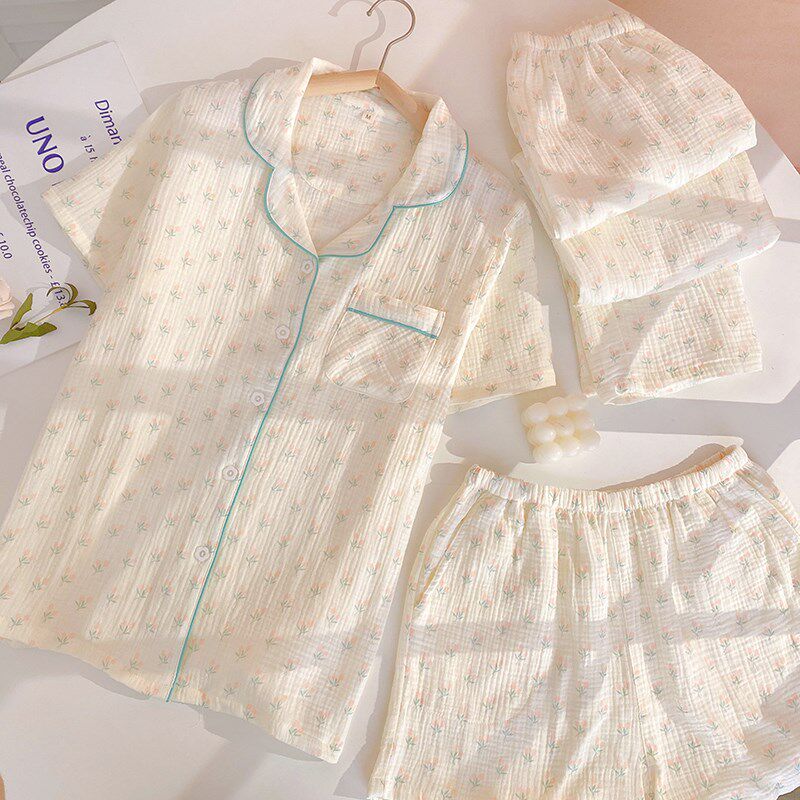 三件套双层棉纱睡衣女款夏季薄款纯棉纱布短袖家居服甜美樱桃套装