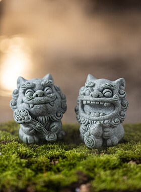 创意可爱风狮爷一对福禄茶宠摆件国潮石狮子鱼缸造景盆栽景观装饰