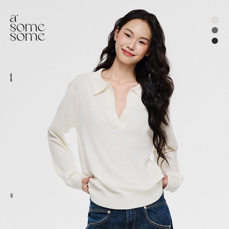 asomesome美式polo针织衫白色V领毛衣女春款翻领内搭长袖宽松上衣