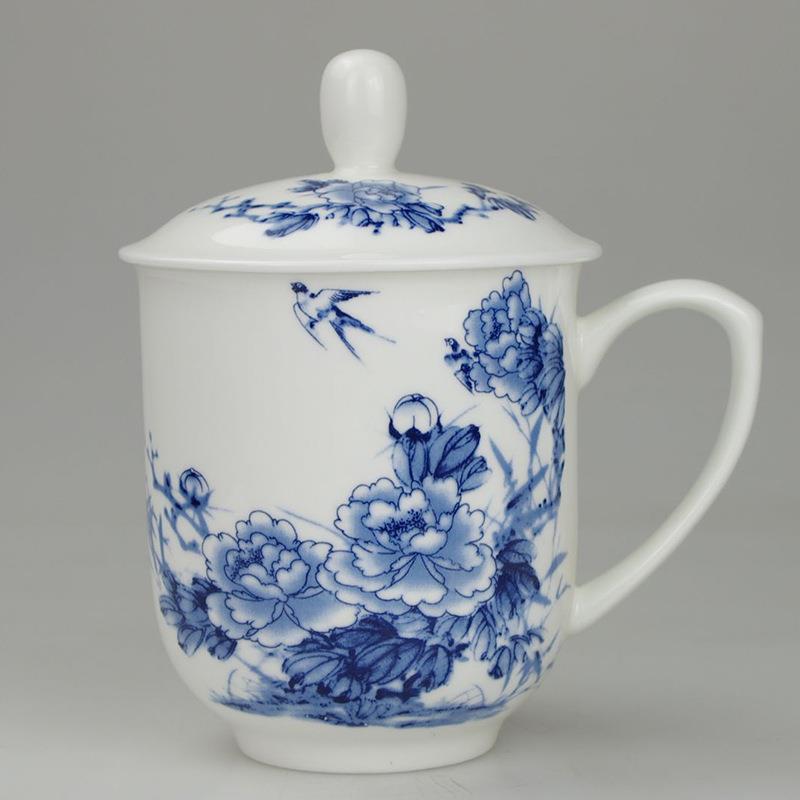 景德镇陶瓷茶杯骨瓷杯带盖泡茶杯子办公杯会议杯青花瓷杯水杯牡丹