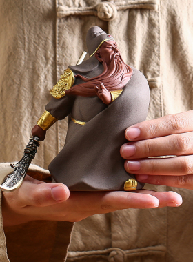 武财神关公招财车载摆件复古手工描金武圣关羽青龙偃月刀家居饰品