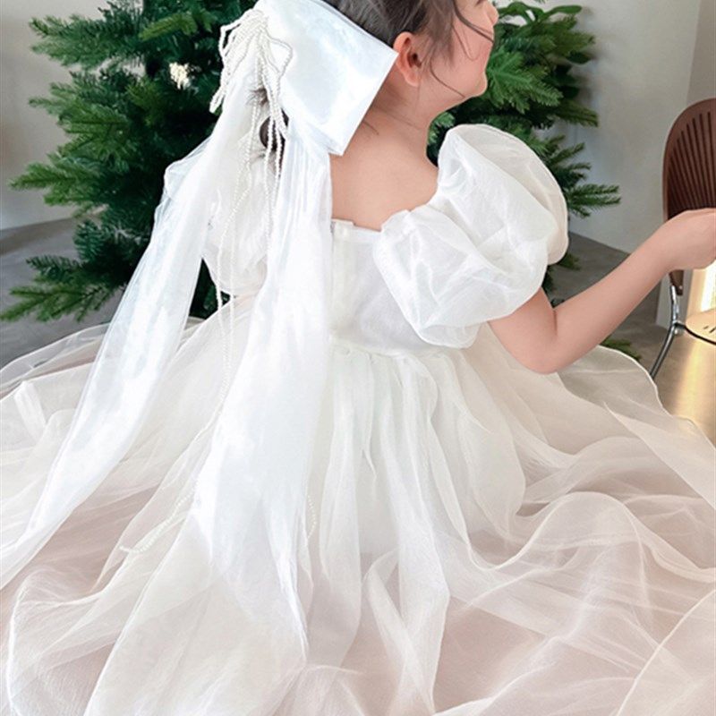 女童连衣裙夏装高级感洋气白色婚纱主持人礼服纱裙儿童生日公主裙