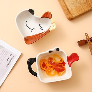 萌宠卡通陶瓷蘸料碟火锅手捏单柄调味碟可爱家用调料酱油醋小碟子
