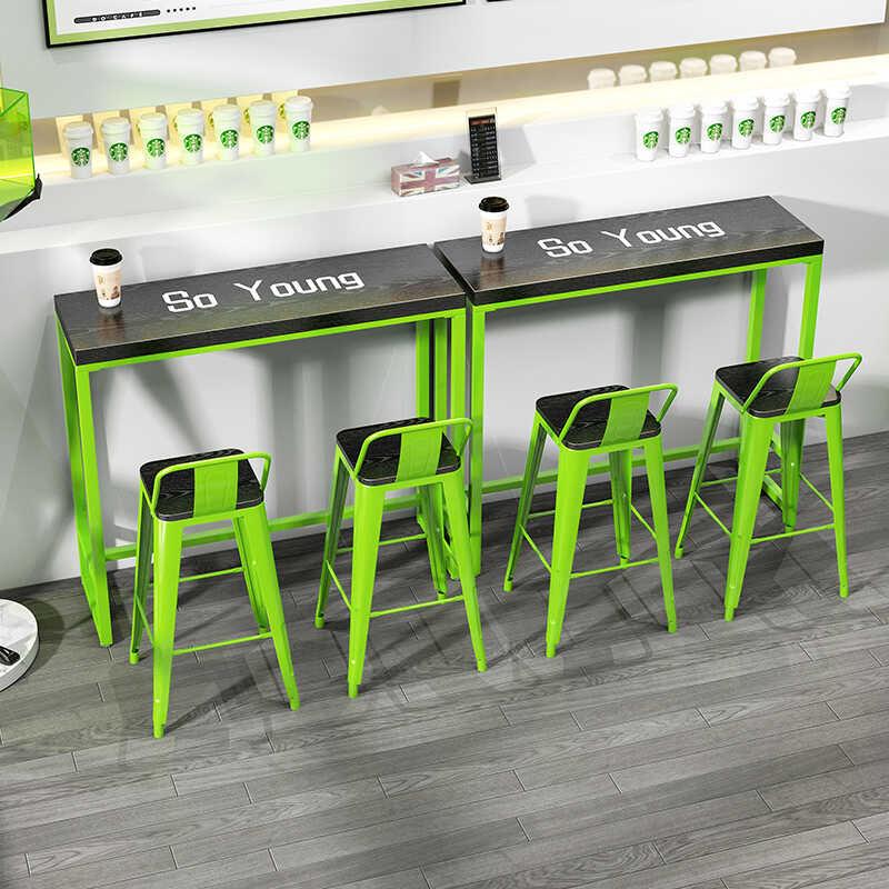 实木吧台桌椅组合网红创意奶茶店咖啡厅靠墙长条桌高脚铁艺吧台桌